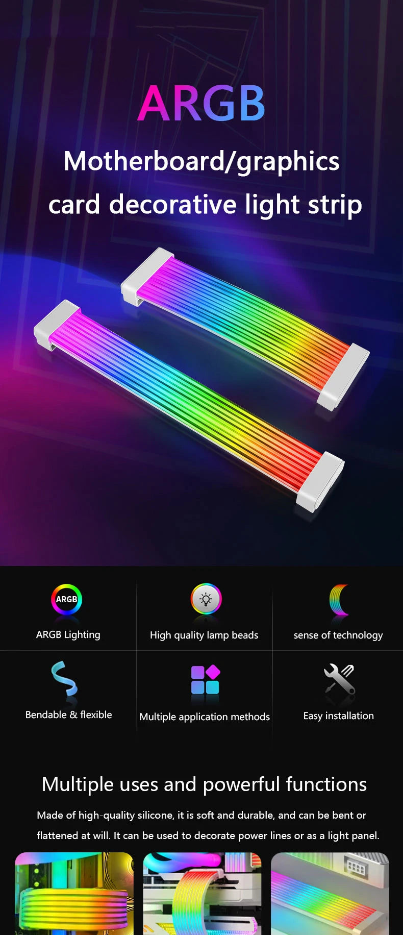 (Strimmers) AIPHY AL200/AL300 Bendable ARGB LED Light Board for 24-Pin Motherboard and 8-Pin/12VHPWR GPU Extension Cables.