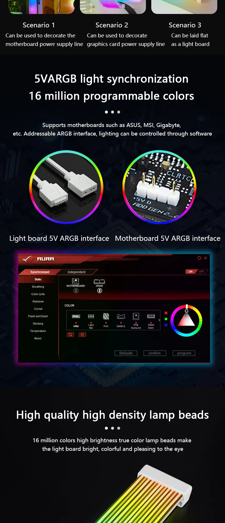 (Strimmers) AIPHY AL200/AL300 Bendable ARGB LED Light Board for 24-Pin Motherboard and 8-Pin/12VHPWR GPU Extension Cables.